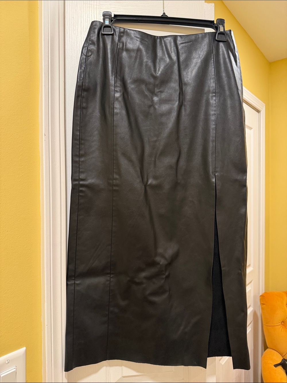 Black Faux Leather Midi Skirt with Front Slit